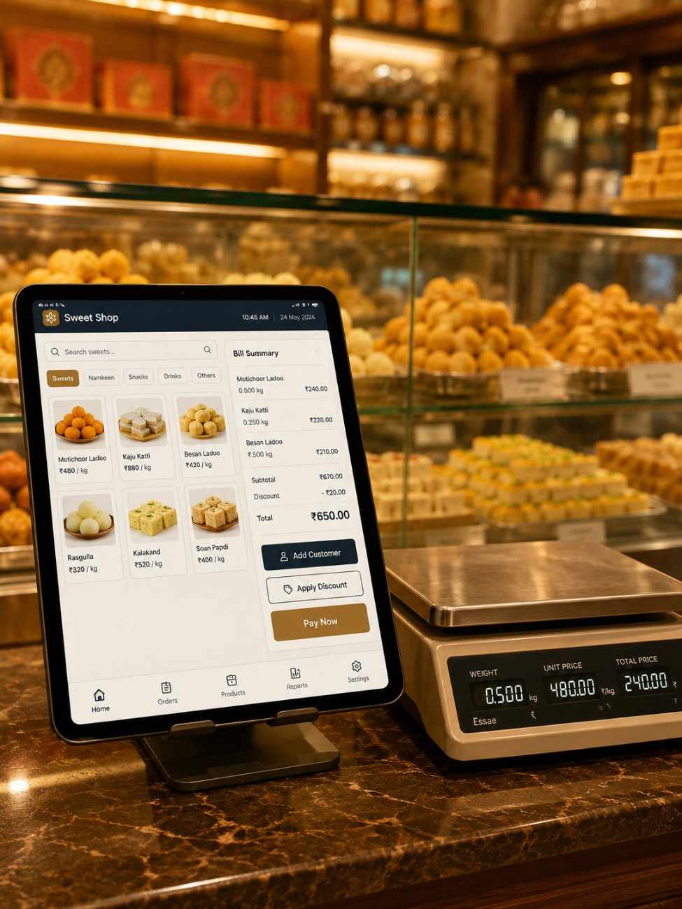 Bakery software interface on tablet at billing counter