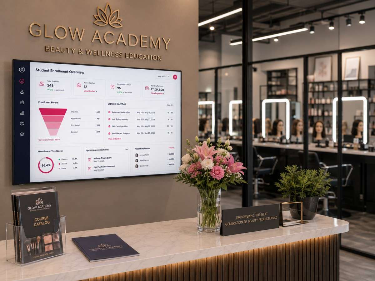 Beauty academy using SITS management software on laptop