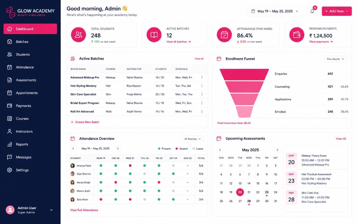 Beauty academy management dashboard preview