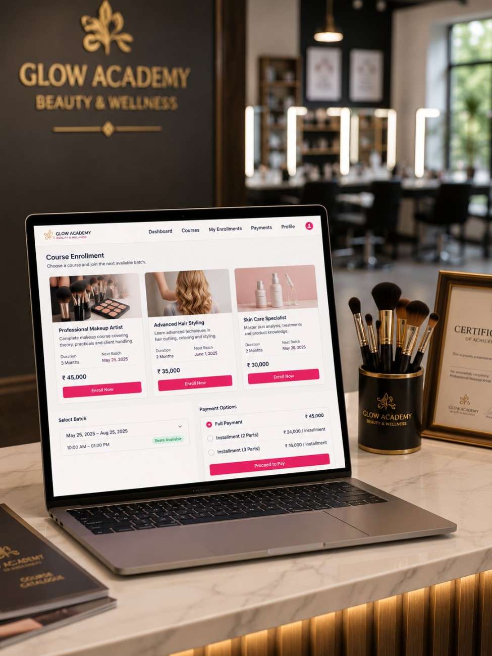 Beauty academy software interface on laptop