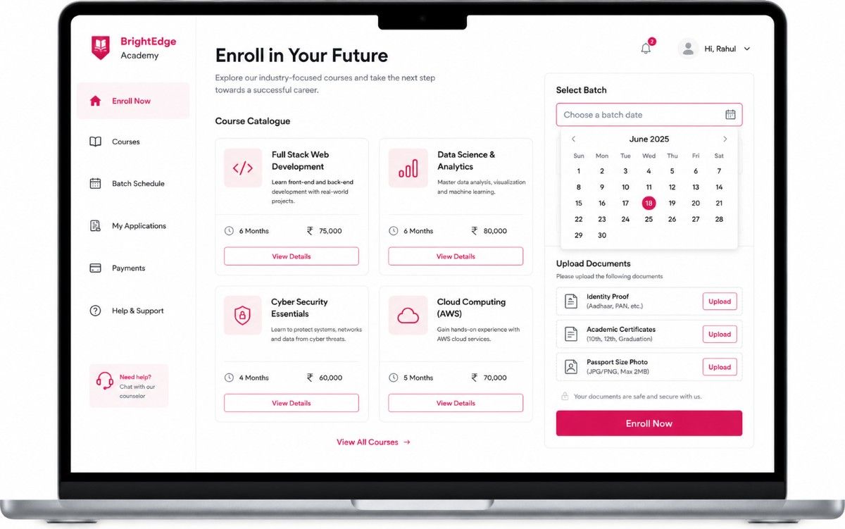 Beauty academy enrollment interface