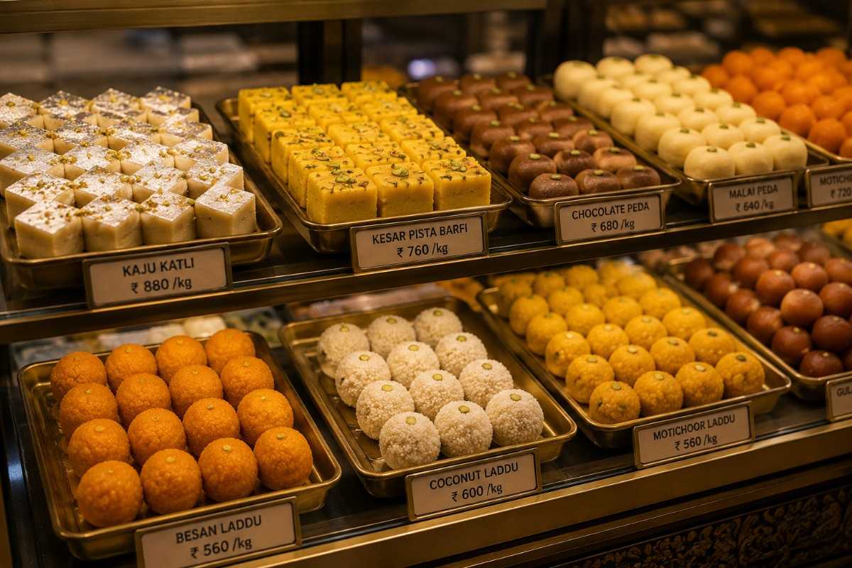 Traditional Indian sweet shop display counter