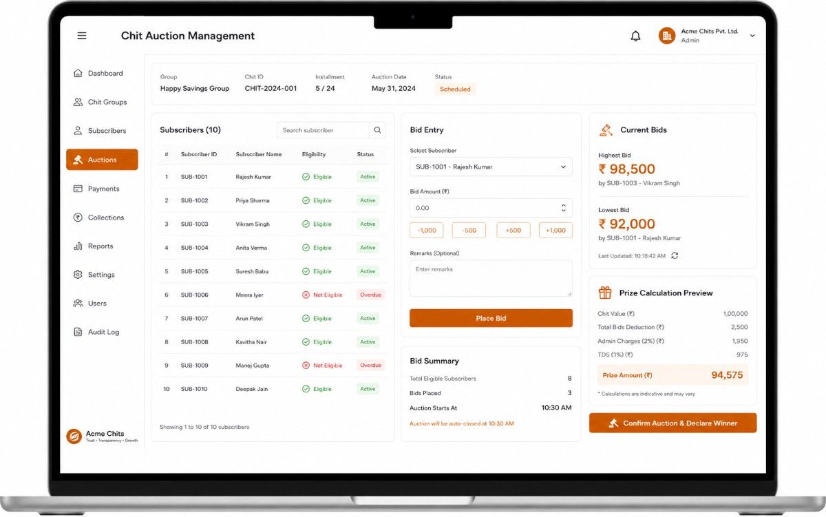 Chit fund auction management interface