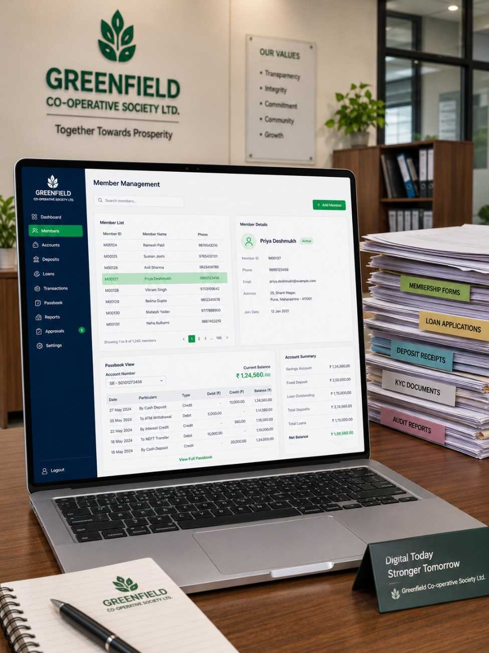 Cooperative society software interface on laptop