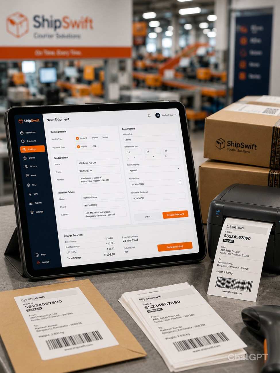 Courier software interface on tablet