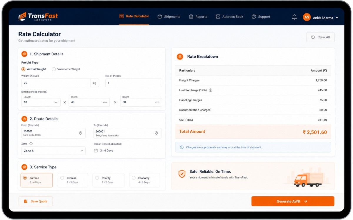 Courier rate calculator and billing screen