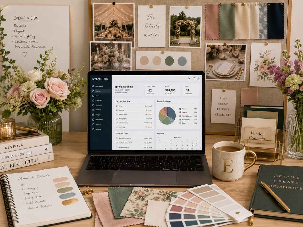 Event planner using SITS management software on laptop