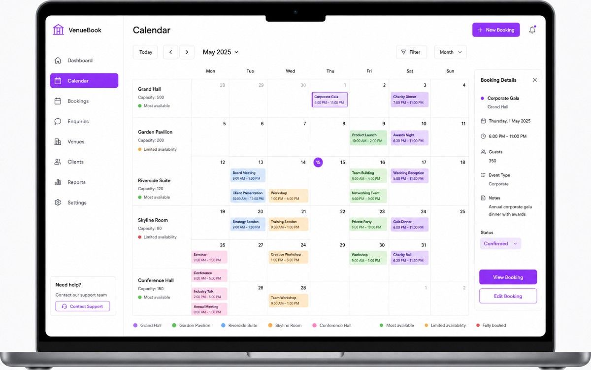 Event venue booking calendar interface