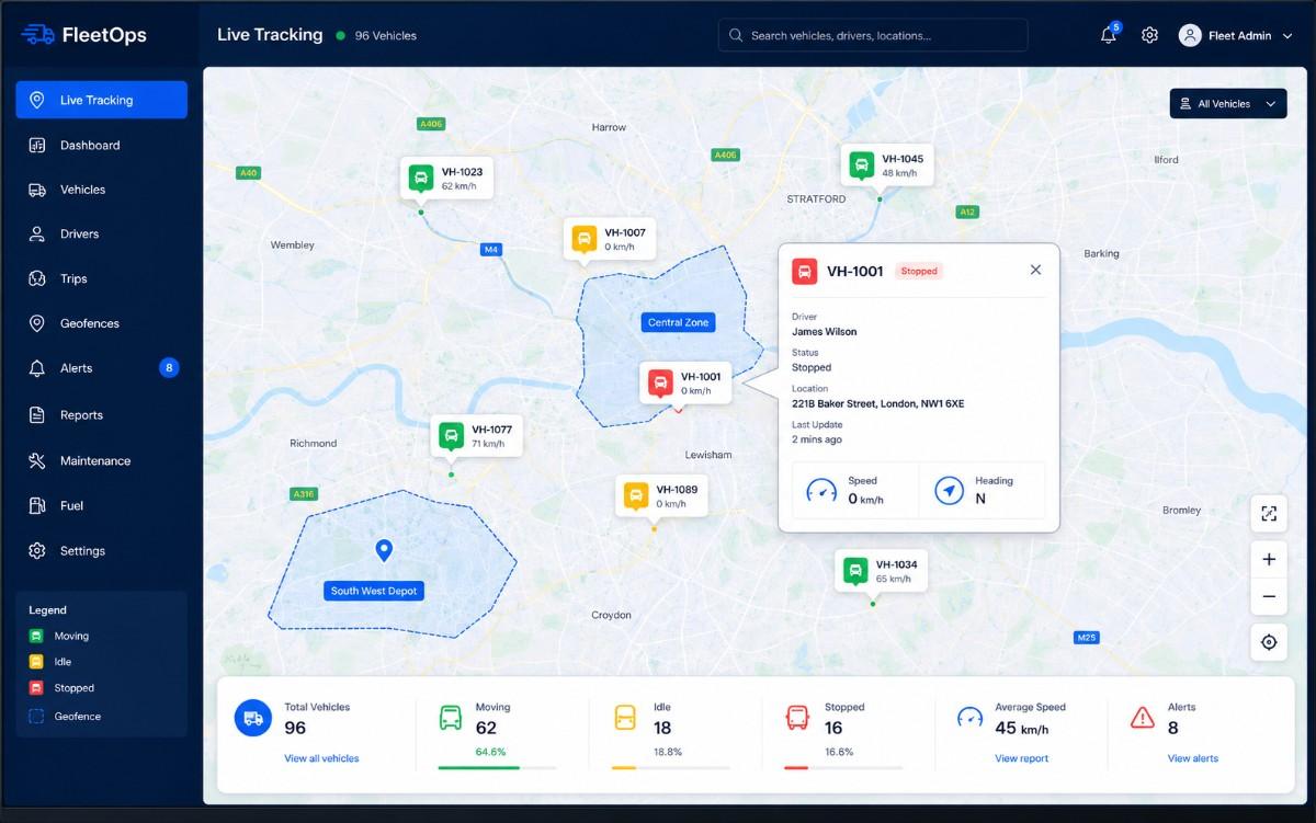 Fleet GPS tracking map interface