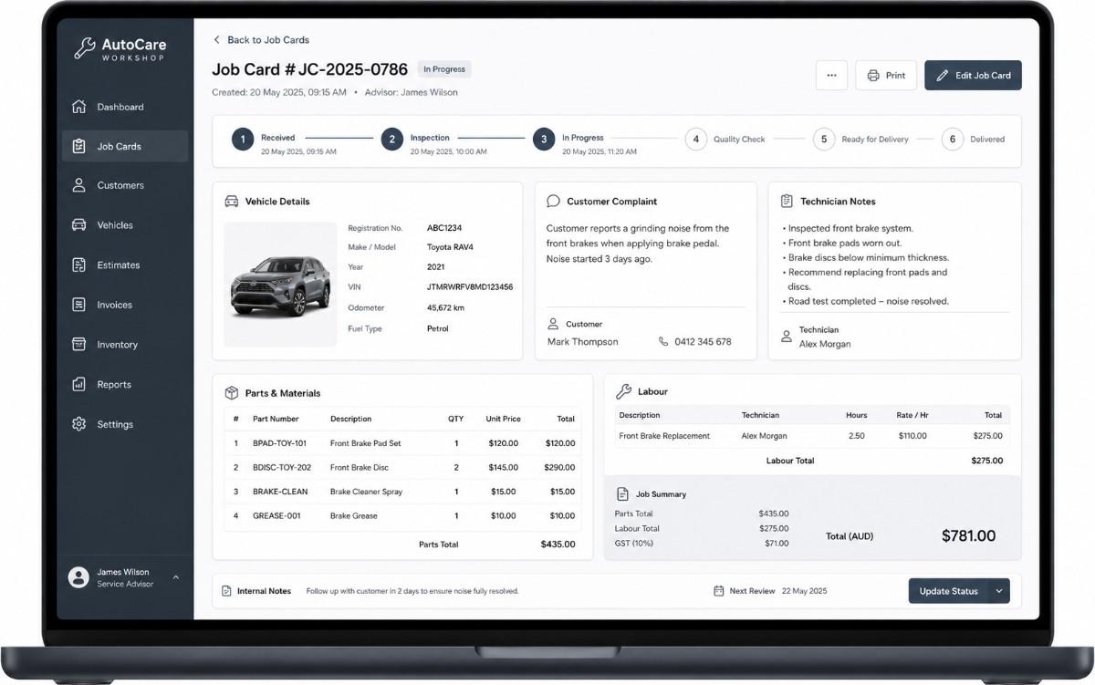 Digital job card management interface