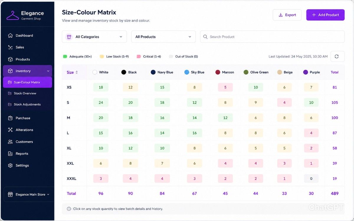 Garment size-colour matrix inventory screen