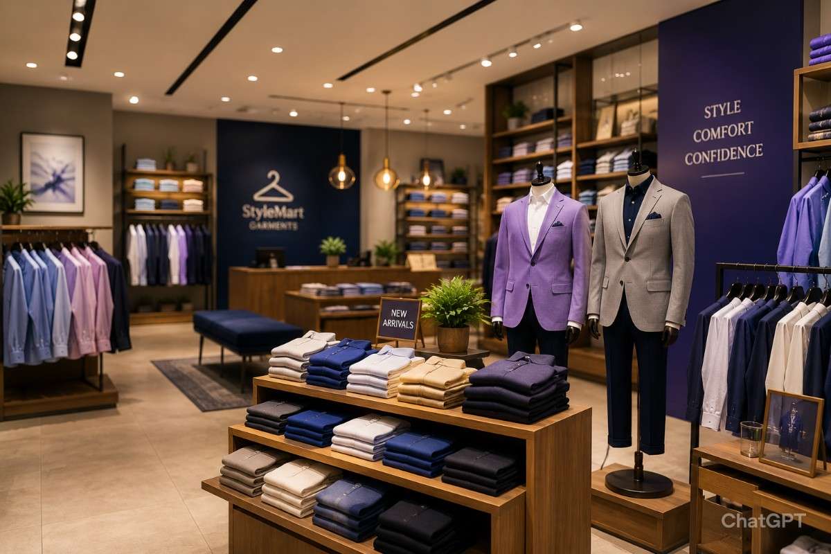 Garment shop interior with neatly displayed clothing