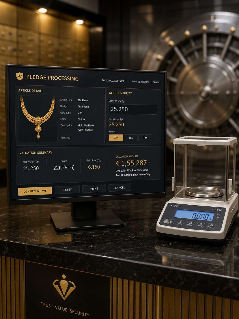 Gold loan software interface on screen