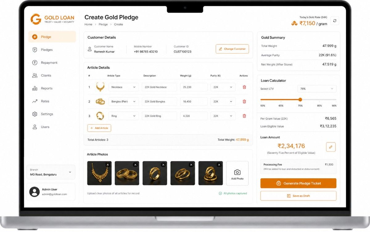 Gold pledge creation and valuation interface