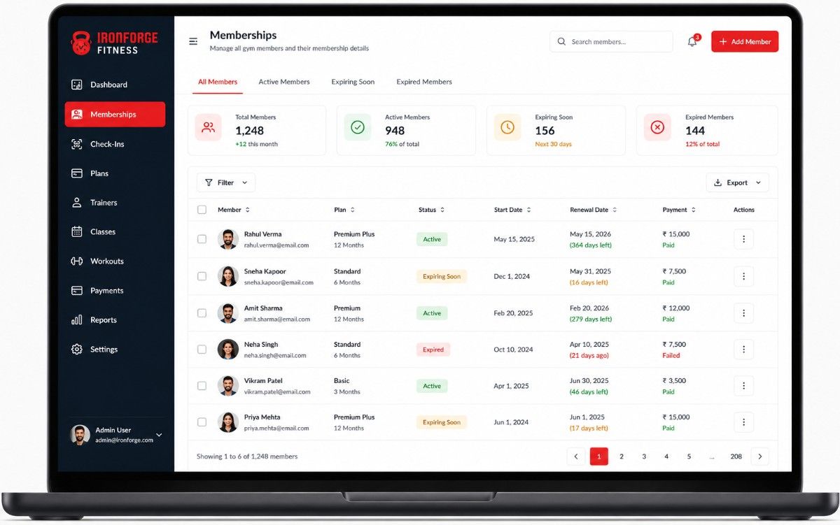 Gym membership management interface