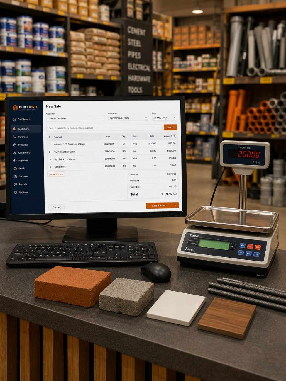Hardware shop billing interface on computer