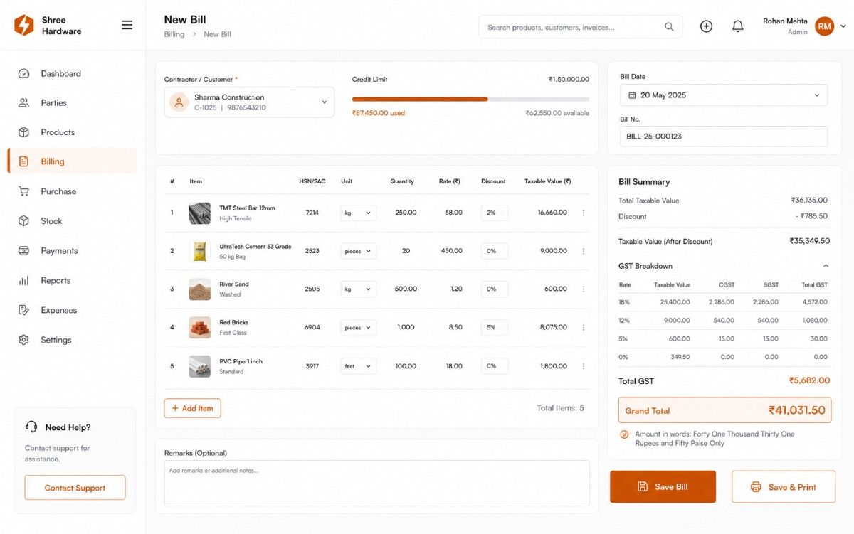 Hardware shop weight-based billing interface