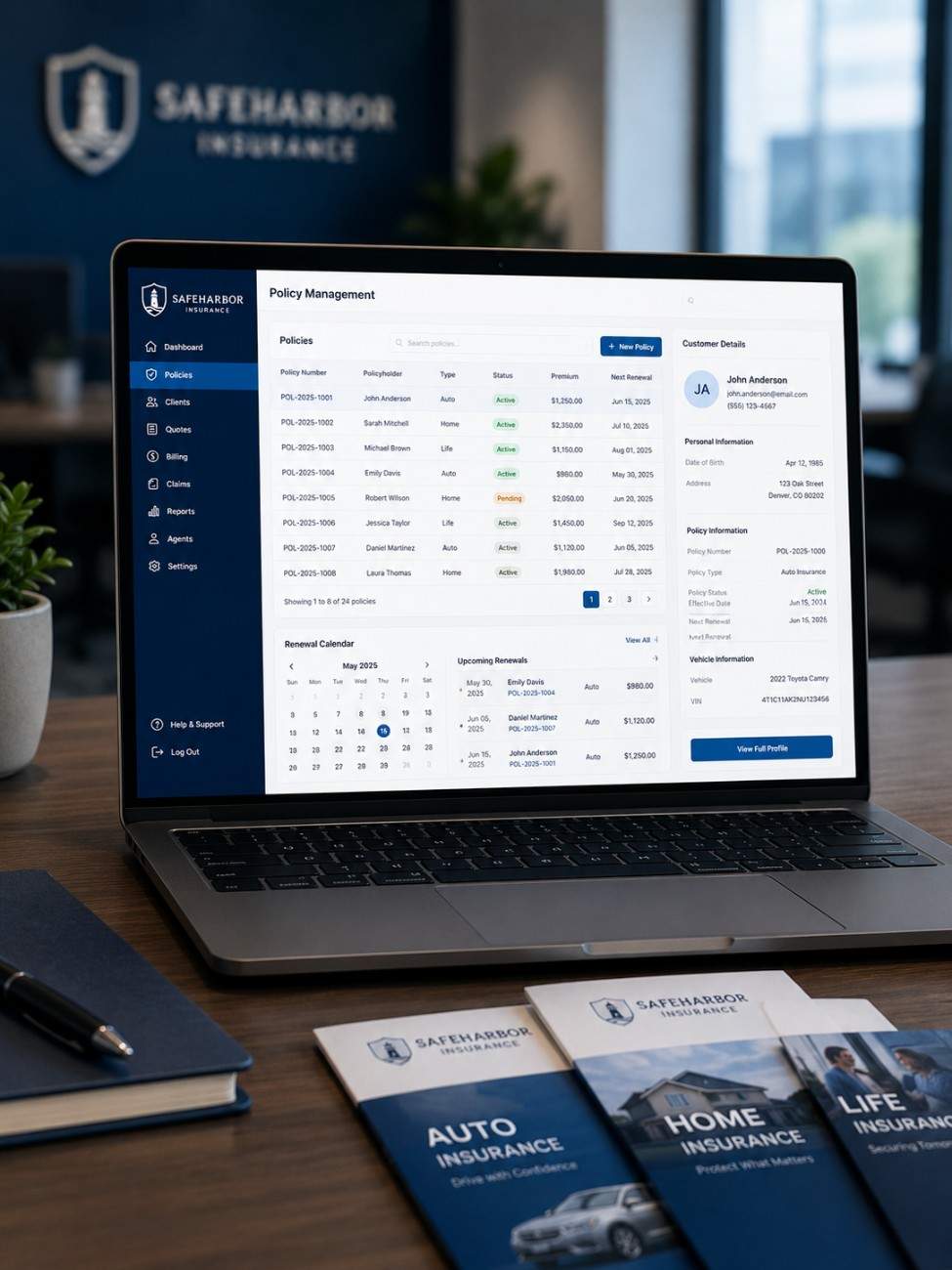 Insurance management software interface on laptop