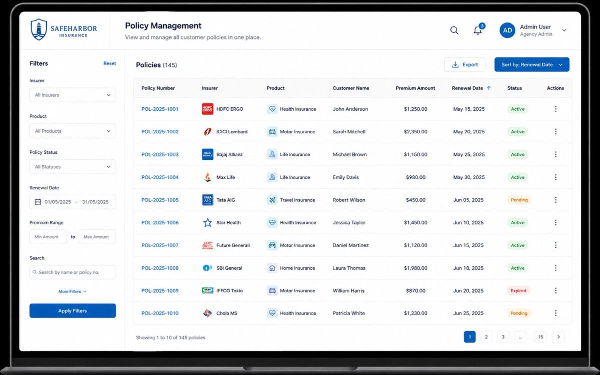 Insurance policy management interface