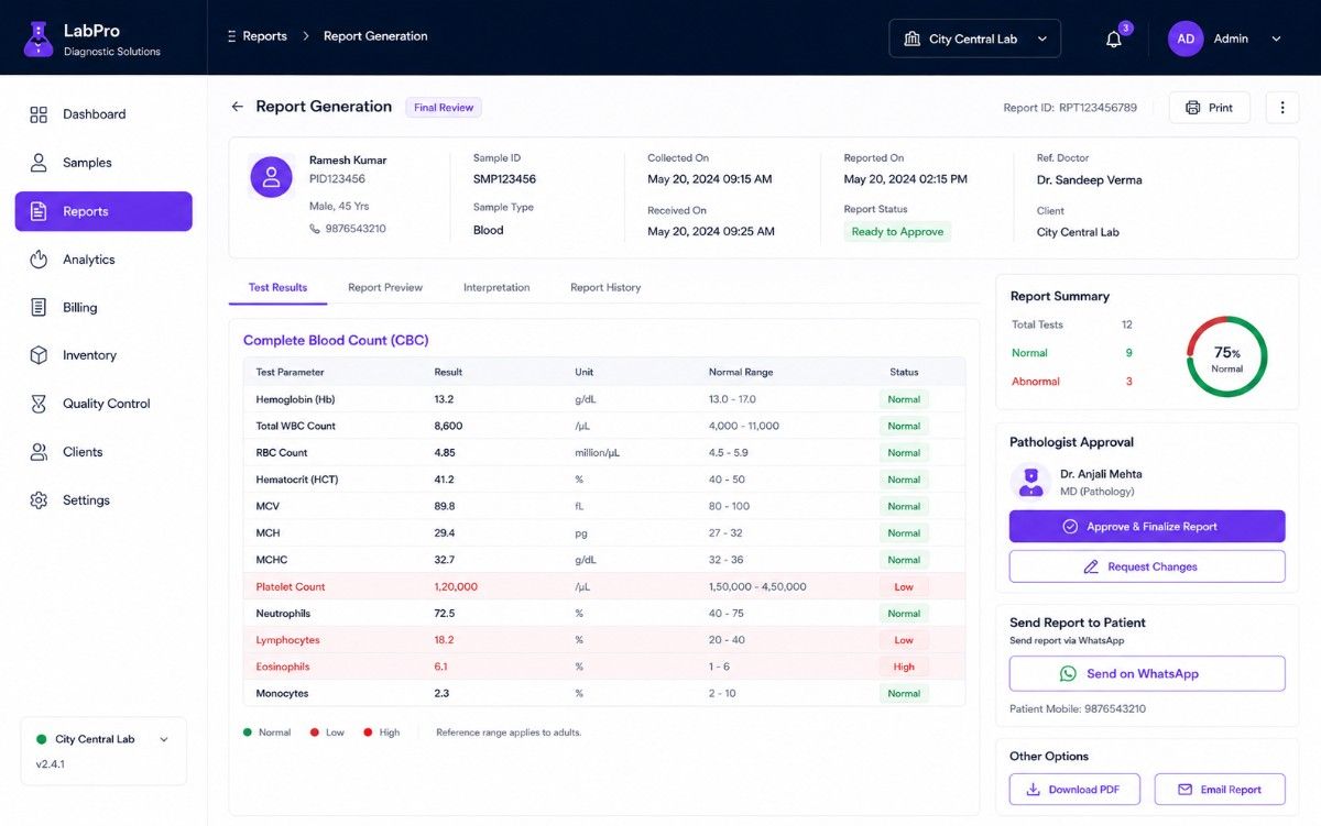 Lab report generation screen