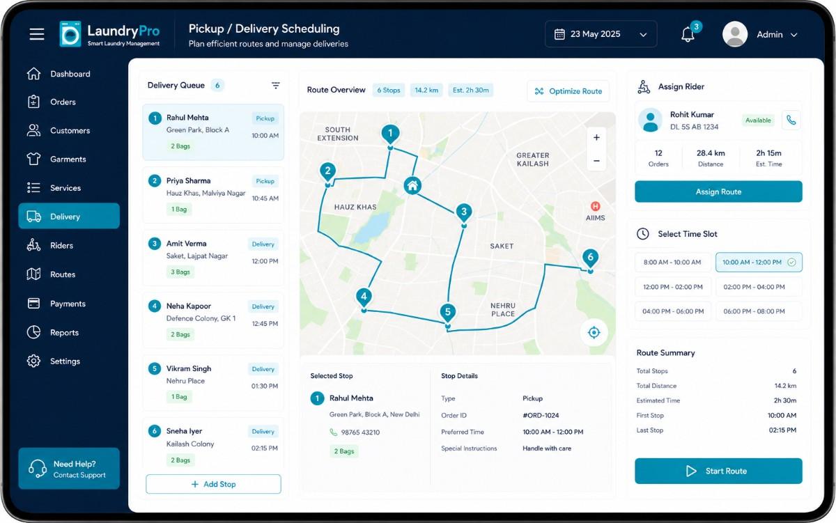 Laundry pickup delivery scheduling screen