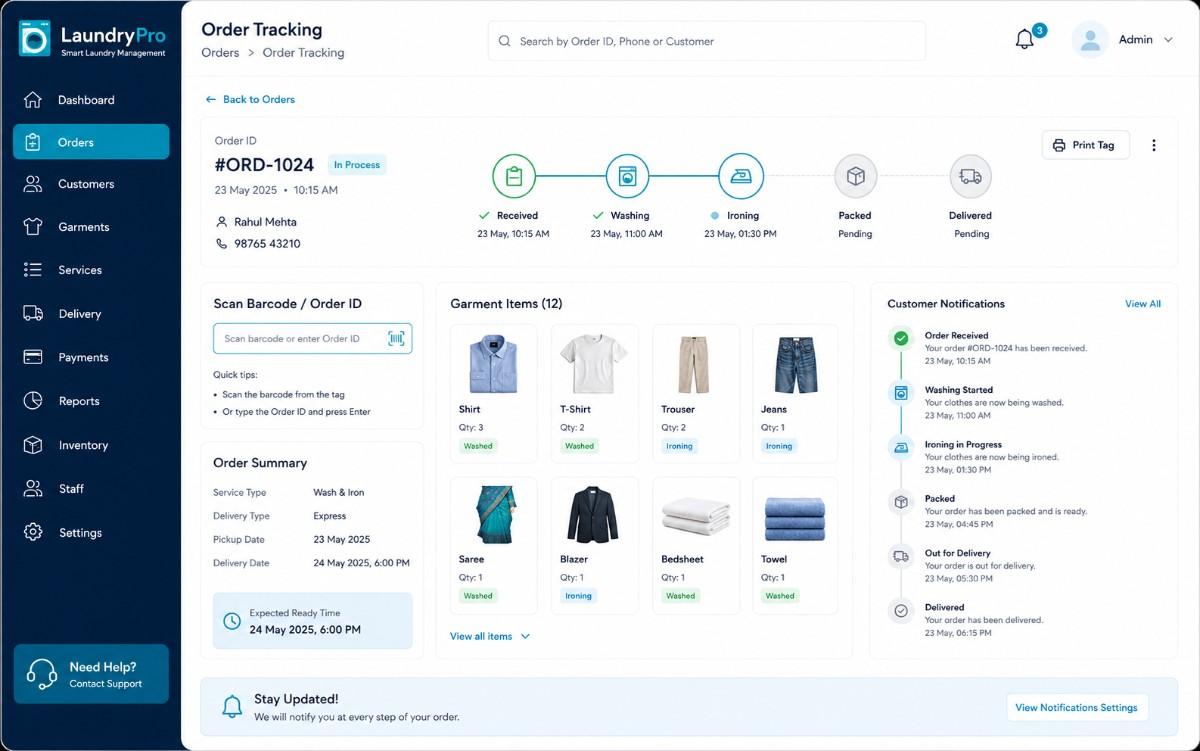 Laundry order tracking interface