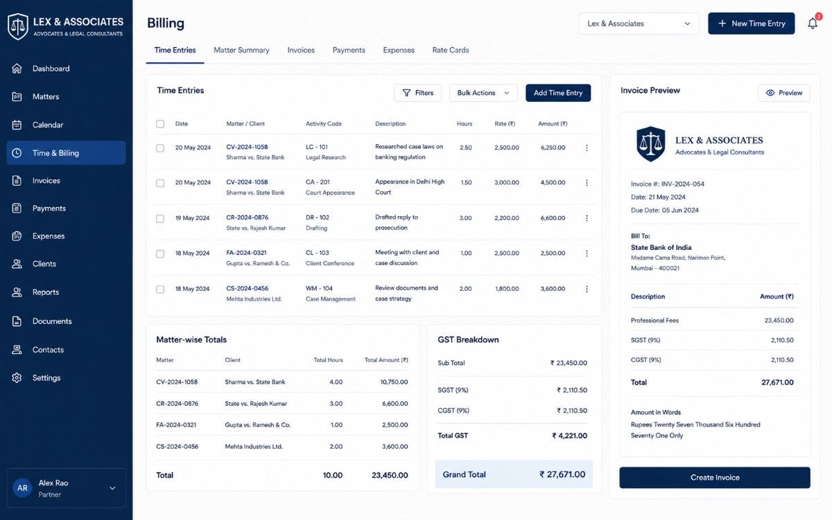 Legal time-based billing interface