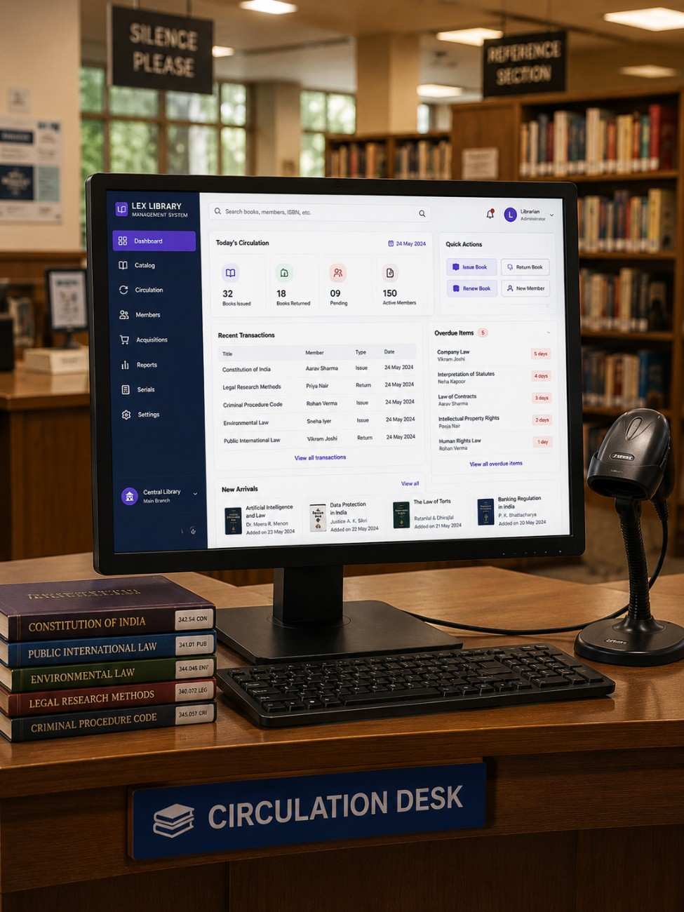 Library software interface on desktop monitor