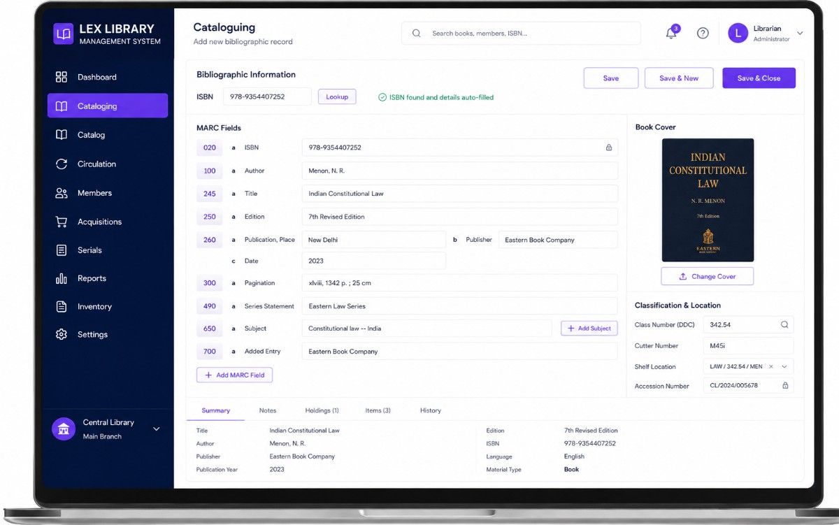Library book cataloguing interface