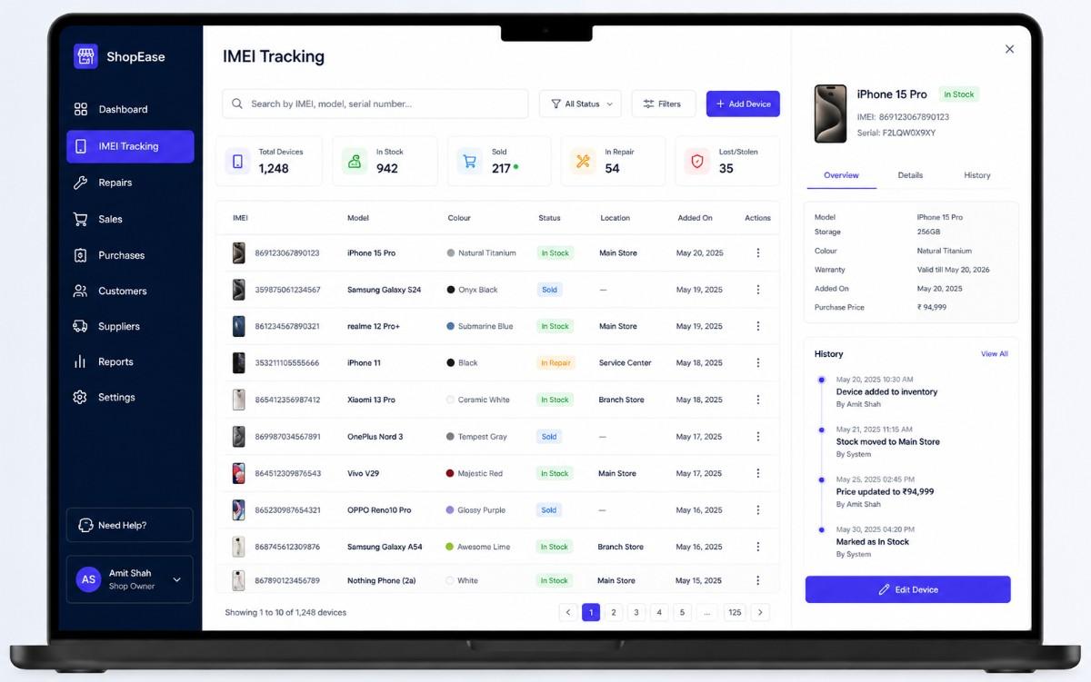 IMEI tracking and device management interface
