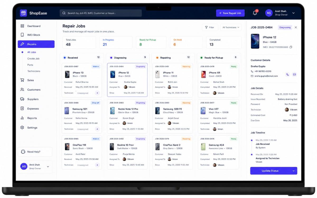 Mobile repair job tracking screen