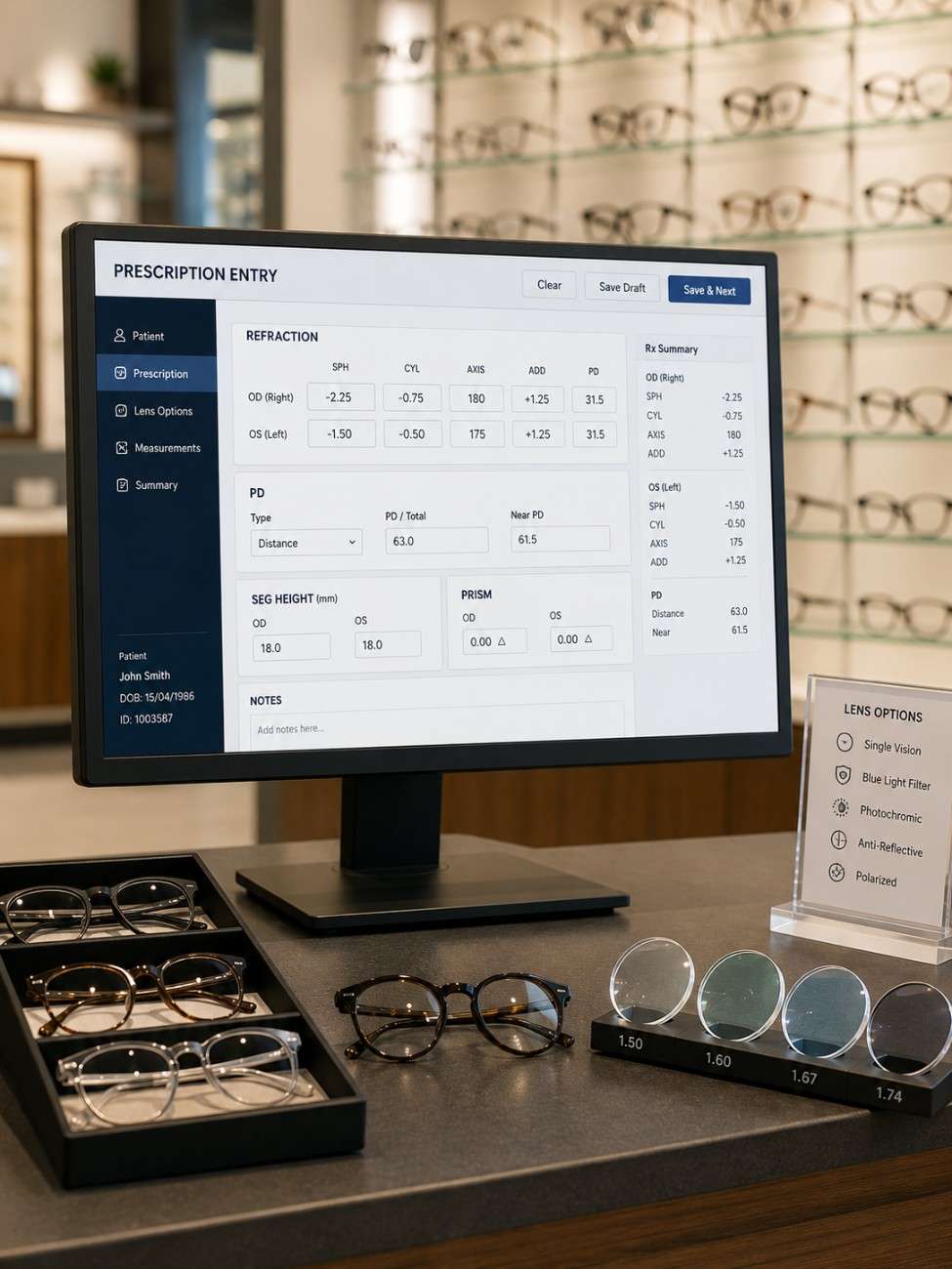 Optical shop software interface on monitor