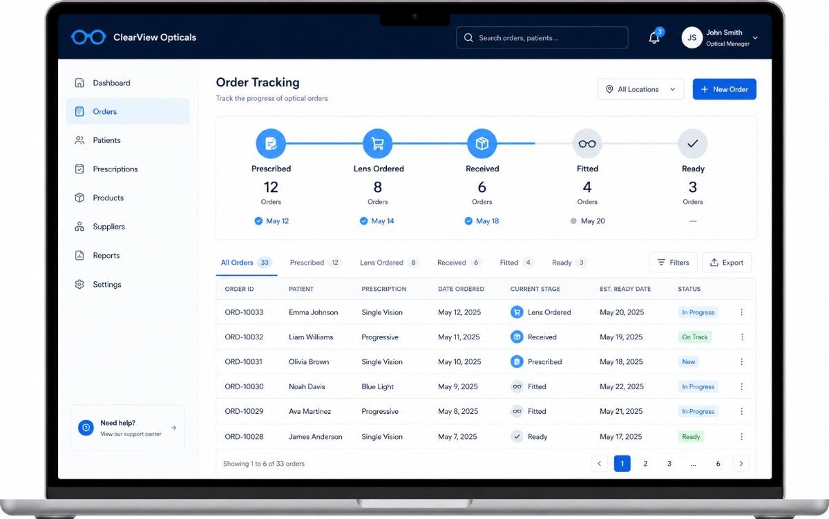 Optical order tracking screen