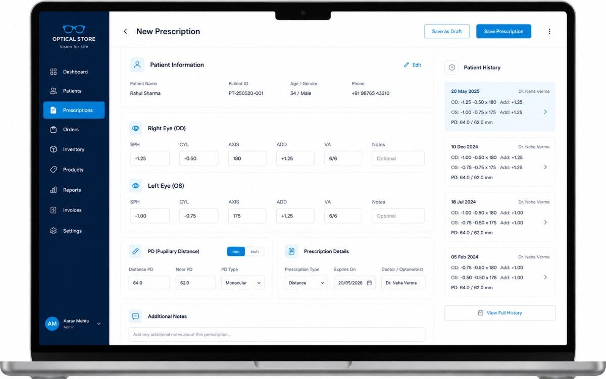 Optical prescription management interface