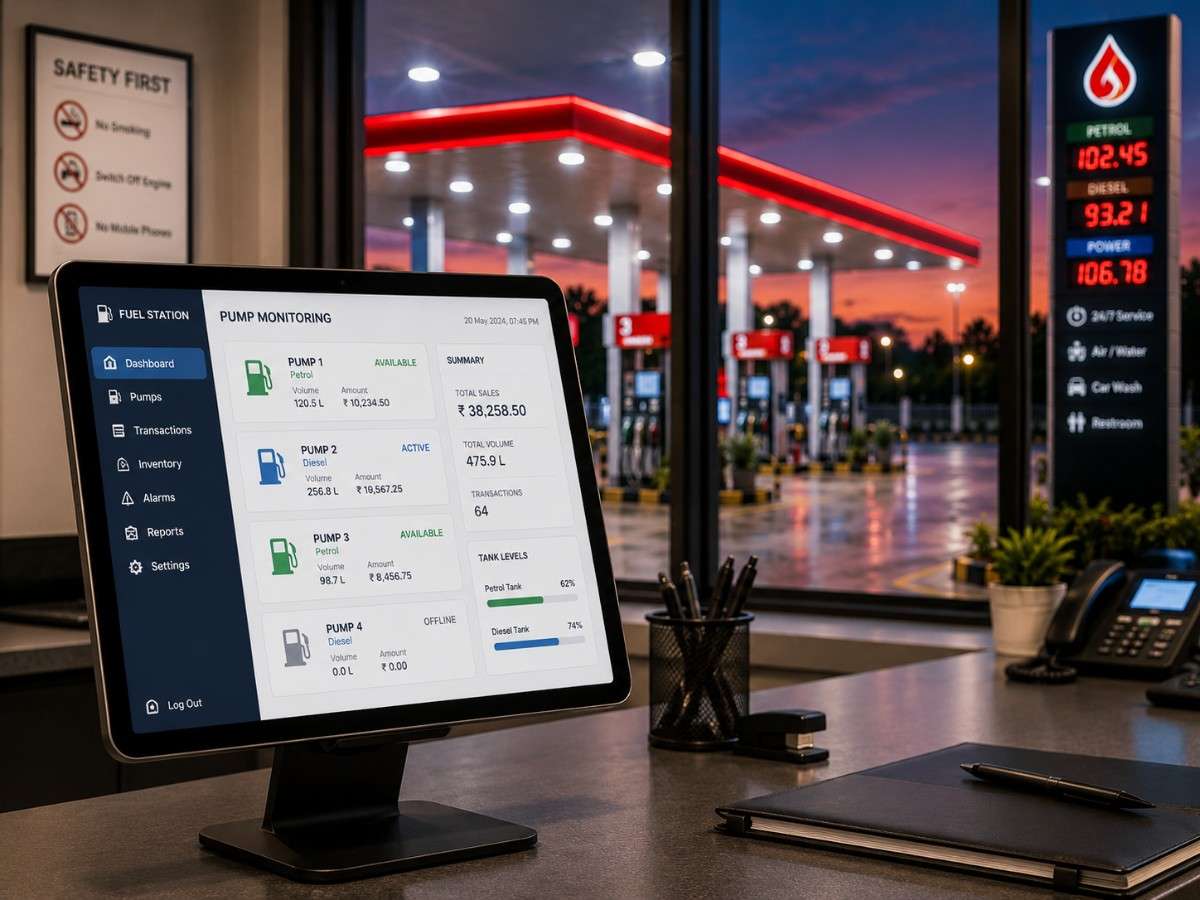Fuel station operator using SITS management software on tablet