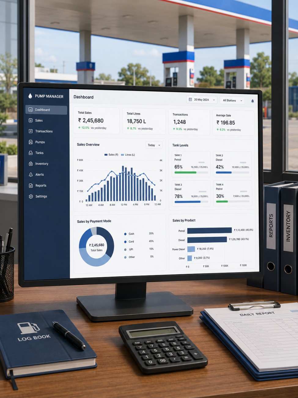Fuel station software interface on monitor