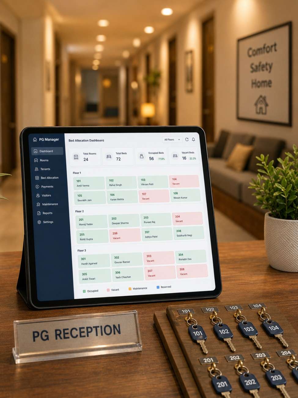 PG hostel management interface on tablet