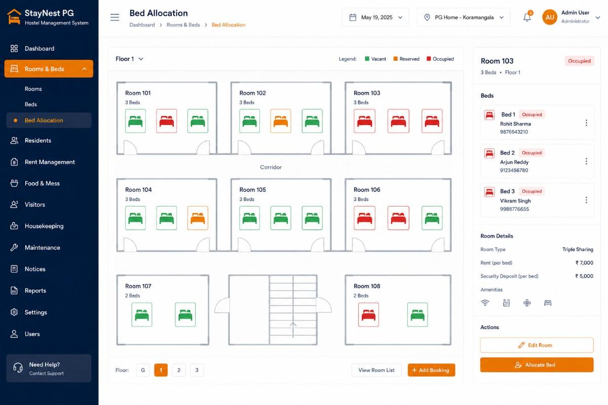 PG hostel bed allocation interface