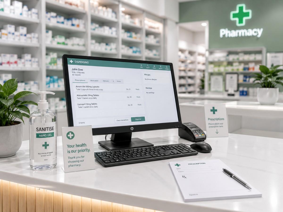 Pharmacy using SITS management software on screen