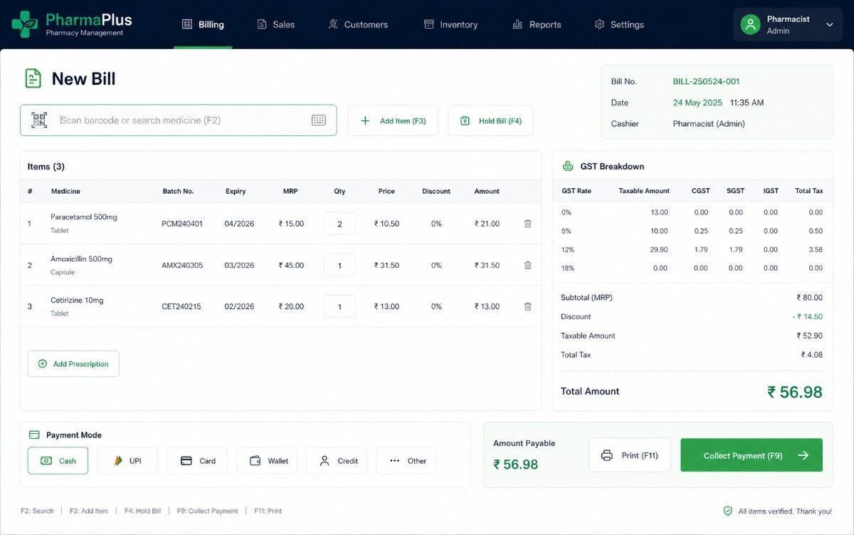 Pharmacy POS billing screen