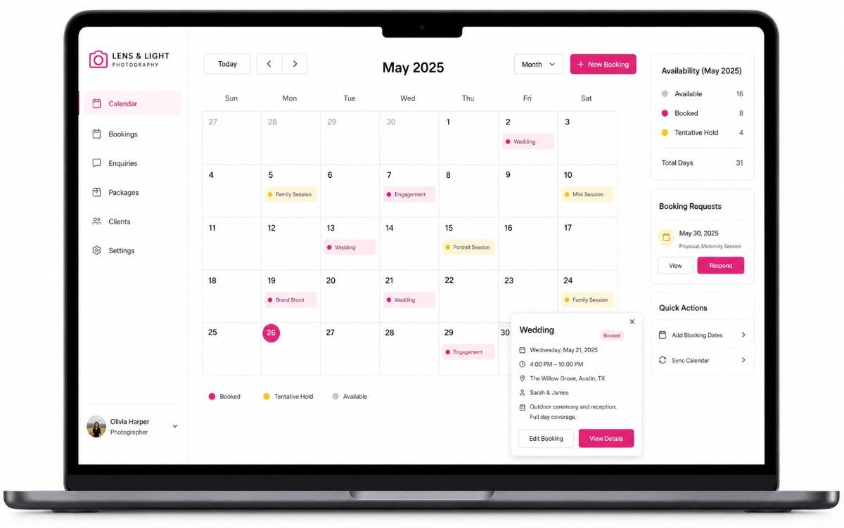 Photography booking calendar interface