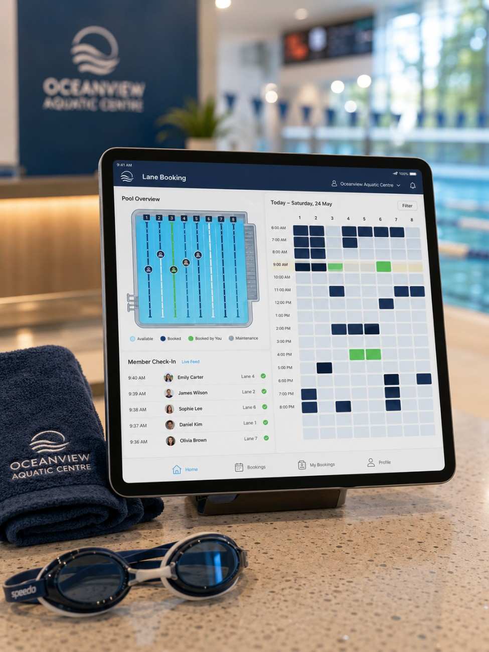 Pool management software interface on tablet