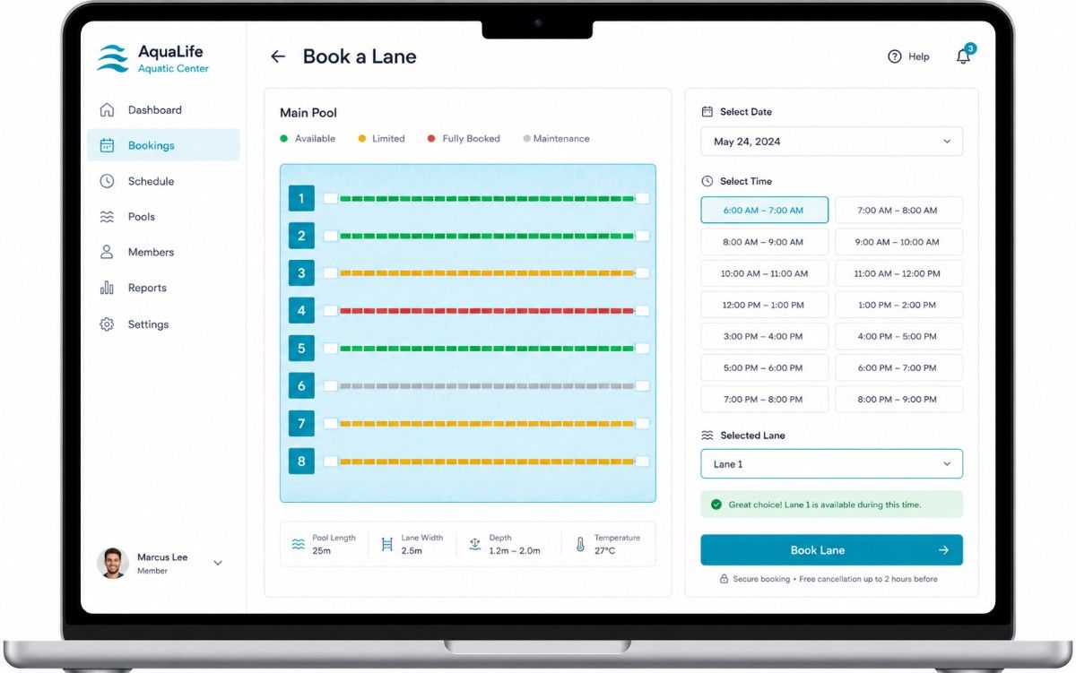 Swimming pool lane booking interface