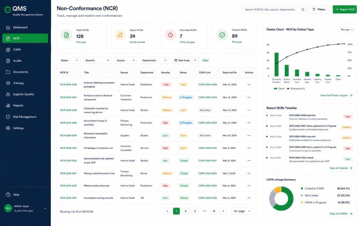 Non-conformance report tracking interface