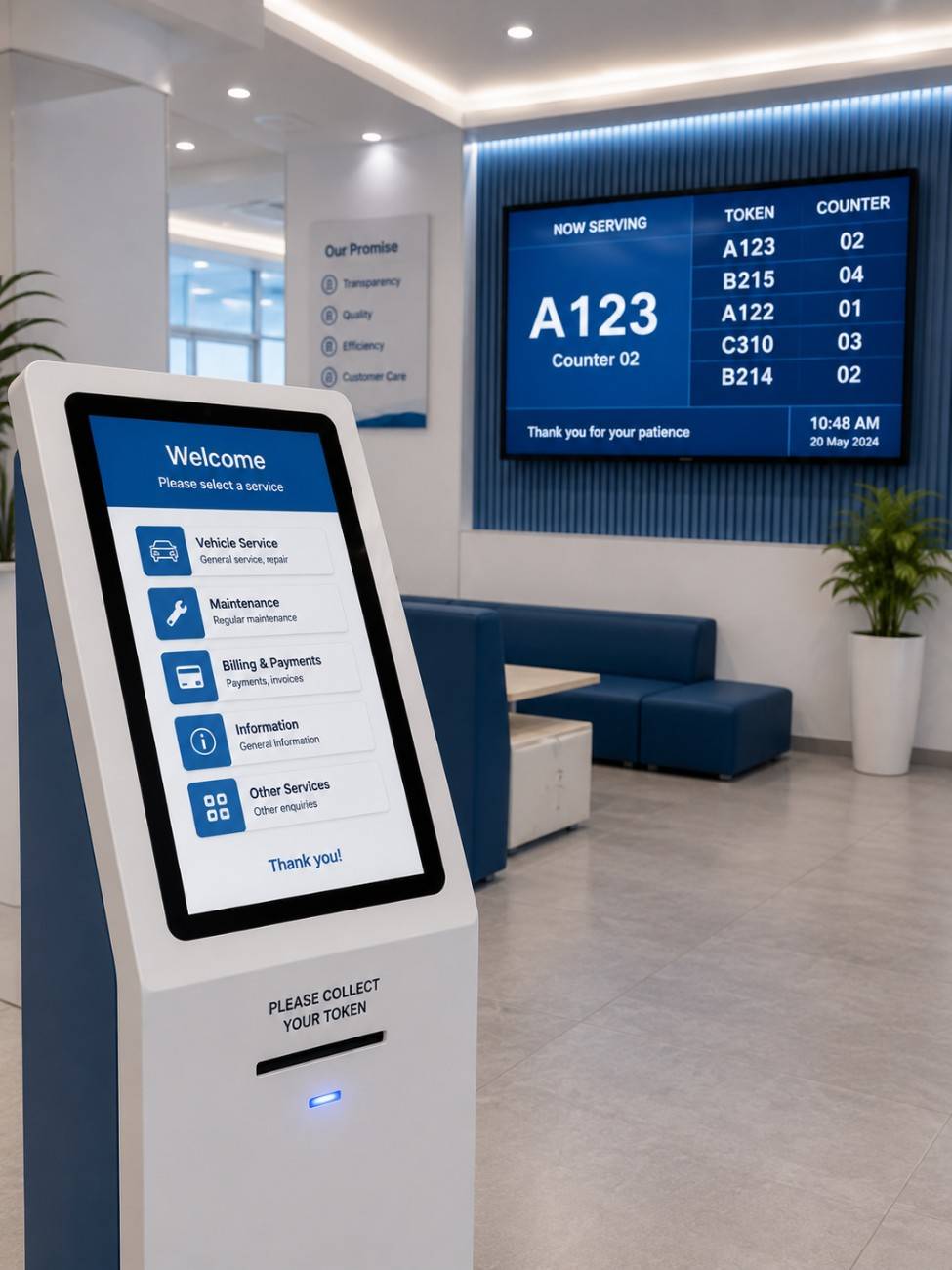 Queue management display and token kiosk