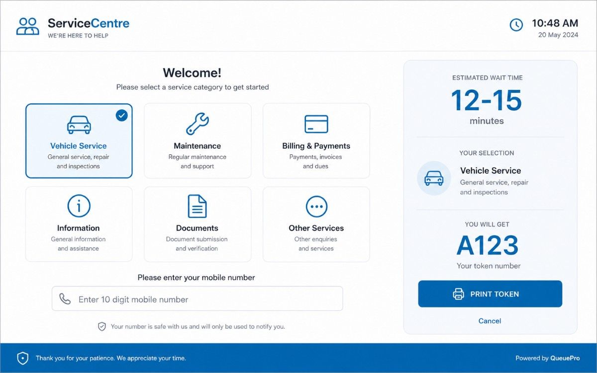 Queue token generation kiosk interface