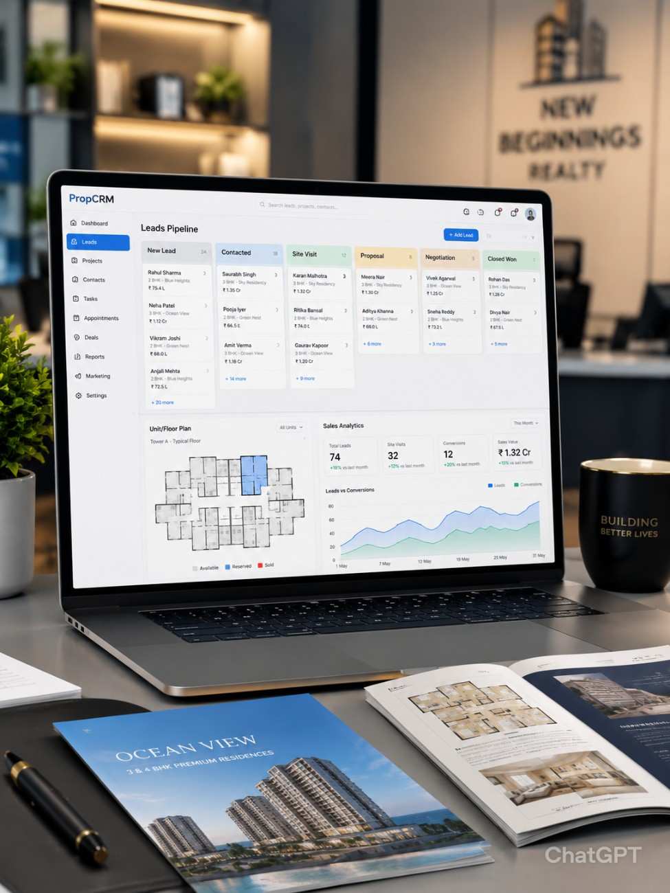 Real estate CRM interface on laptop