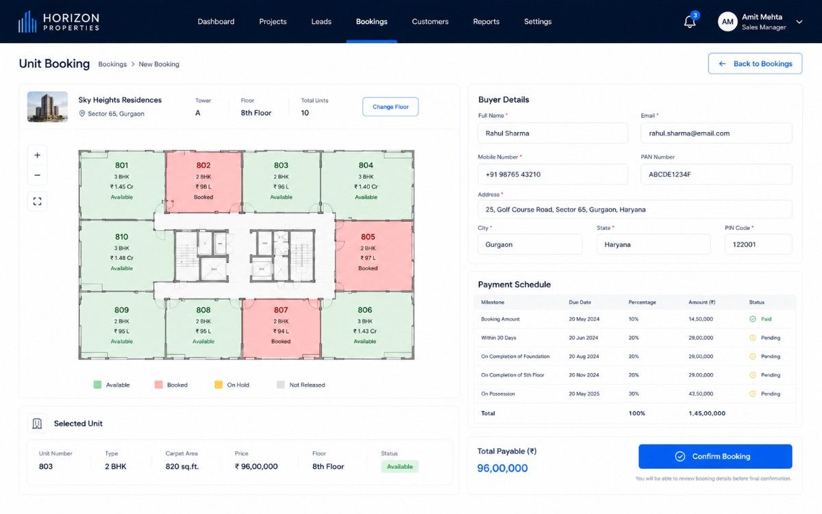 Real estate unit booking screen