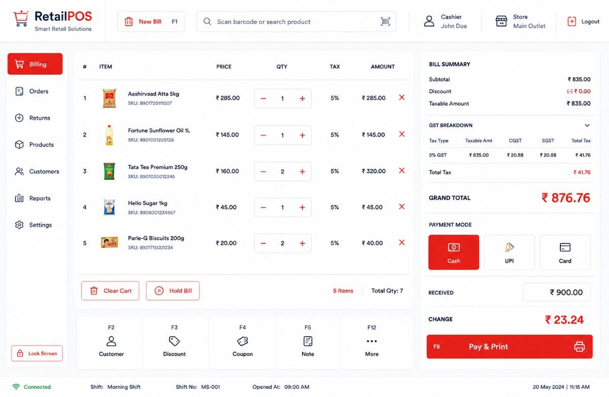 Retail POS billing interface with barcode scan