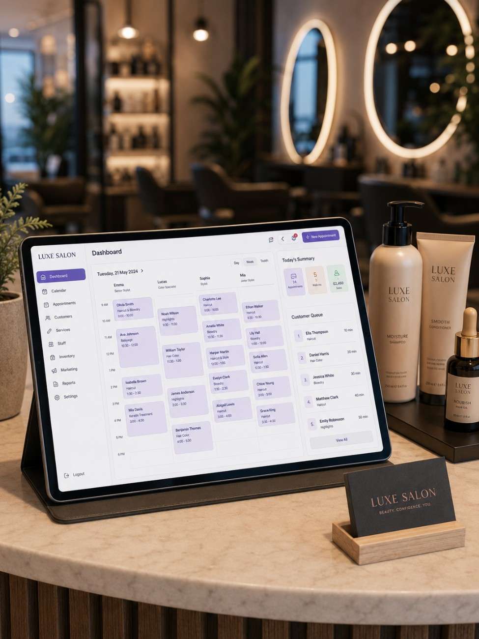 Salon software interface on tablet